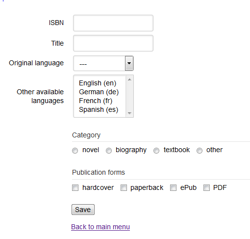 The UI for creating a new book record with enumeration attributes